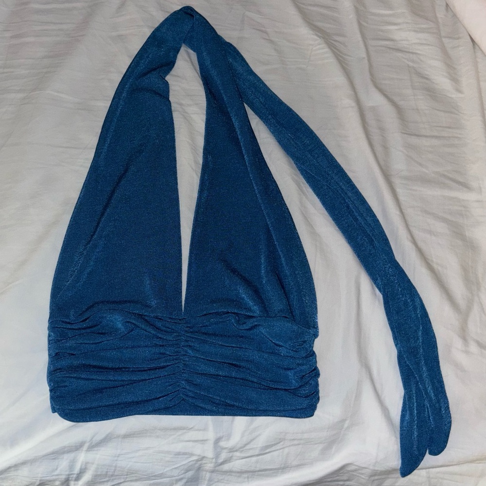 Blue Tie-neck Halter Crop Top in Size Small